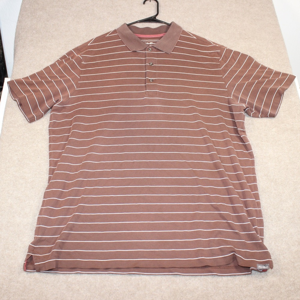 Eddie Bauer Mens Brown Striped Short Sleeve Polo Shirt Cotton Blend XL